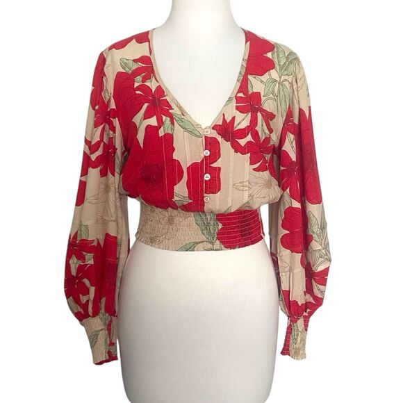 BOG Collective Blouse Crop Top Women S Red Cream Floral Shimmer Balloon Sleeve - Picture 1 of 10